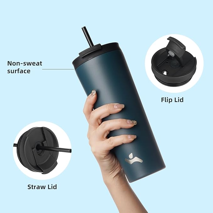 18 OZ Insulated Tumbler with Lid and 2 Straws Stainless Steel Water Bottle Vacuum Travel Mug Coffee Cup,Navy blue - Bloomnest