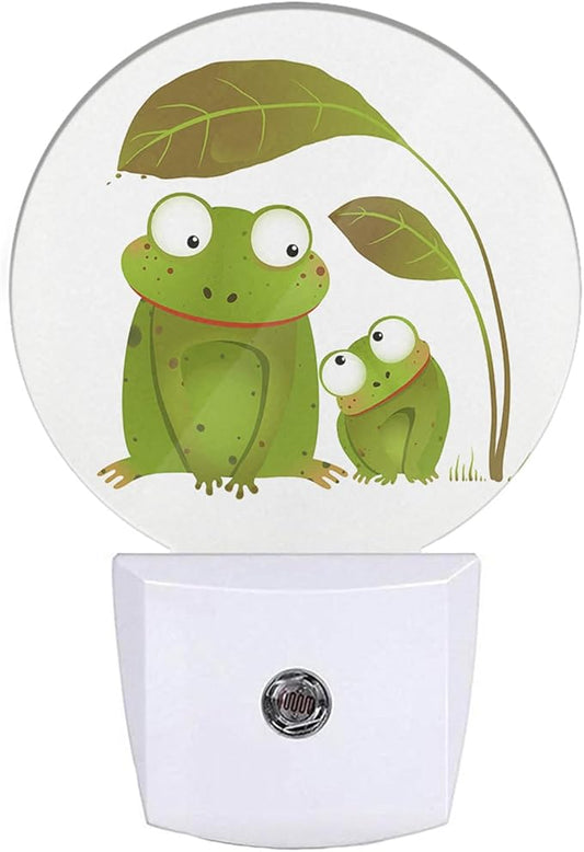 EKOBLA Frog Night Light Two Frogs Under Big Leaf Green Animal Cute Night Lights Plug into Wall for Boys Girls Room LED Round Lamp, Dusk to Dawn 0.5W Sleep Friendly - Bloomnest