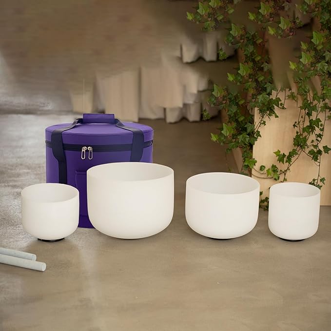Hye-eun 432hz Crystal Singing Bowl Set 4pcs 6"B 8"G 10"E 12"C Frosted Quartz Sound Bowl with Free Carry Bag Mallets and Rubber for Sound Healing Bath Keep Balance Therapy Meditation Yoga - Bloomnest
