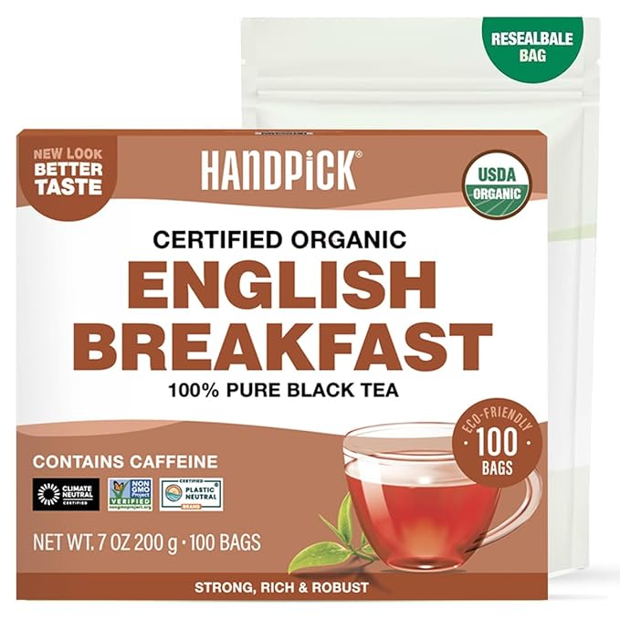 HANDPICK, Organic English Breakfast Black Tea Bags (100 Count) USDA Organic, Non-GMO | Strong, Robust, High-Caffeine Black Tea | Eco-conscious Tea Bags, Brew English Breakfast Tea & Kombucha Tea - Bloomnest