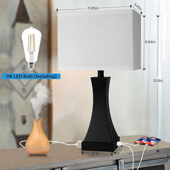 Set of 2 Touch Control Table Lamps 21.6" 3-Way Dimmable Bedside Nightstand Lamp with Type C/USB Charging Port & Outlet Desk Lamp for Living Room Bedroom Office and Hotel Bulb Included - Bloomnest
