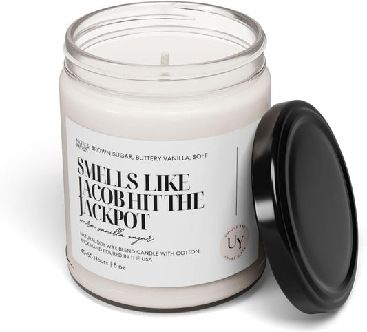 Engagement Candle, Smells Like Jackpot, Funny Personalized Engagement Gift Party Favor, Custom Candle for Bride Groom or Wedding Party, Soy Wax Hand Poured, Handmade in The USA (Gin + Timber)