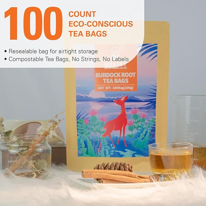 WT WEETEE Burdock Root Tea Bags, Made with 100% Pure Burdock Root, Rich in Antioxidants, Naturally Caffeine-free Herbal Tea, 100 Count - Bloomnest