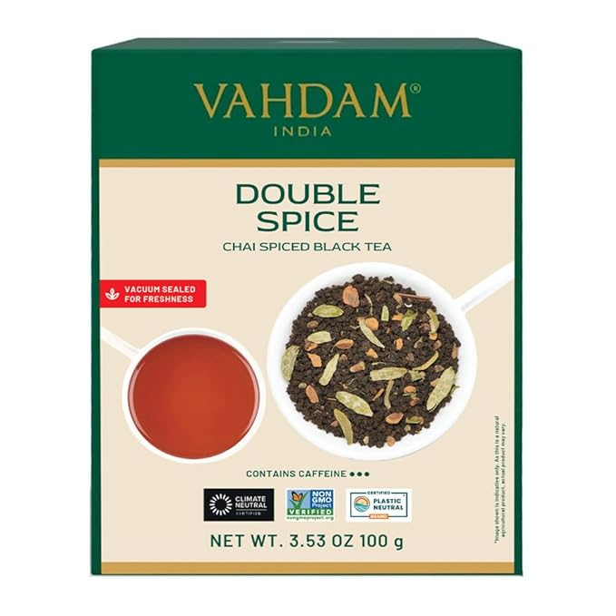 VAHDAM, Double Spice Masala Chai Tea (50+ Cups, 3.53oz) Strong, Robust & Spicy Blend - Black Tea CTC, Cardamom, Cinnamon, Cloves & Black Pepper | Pure Unblended Loose Leaf Tea | Vacuum Sealed - Bloomnest