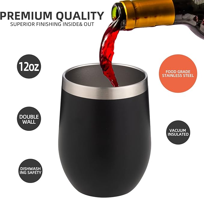 12 oz Insulated Wine Tumbler with Lid and Straw,Stainless Steel Stemless Wine Tumbler Glasses Double Wall Vacuum Wine Cups Tumbler Bulk for Coffee,Champaign,Cocktail,Office(Black,4) - Bloomnest