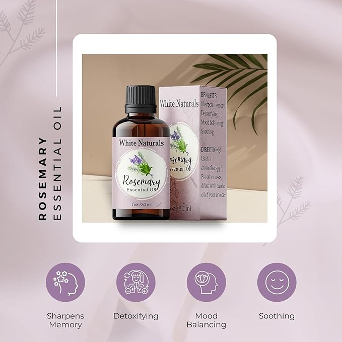 White Naturals Organic Rosemary Essential Oil, 100% Pure & Natural, 1 Fluid Ounce, Aromatherapy, Vegan, Non-GMO, Strengthening, Conditioner, DIY Soap Making - Bloomnest