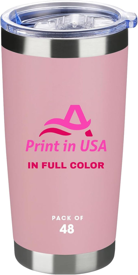 Personalized Custom Print in USA Tumbler 48Pcs 20oz Stainless Steel Double Wall Coffee Cup with Lid & Straw Insulated Tumbler with Colorful Text Logo Photo