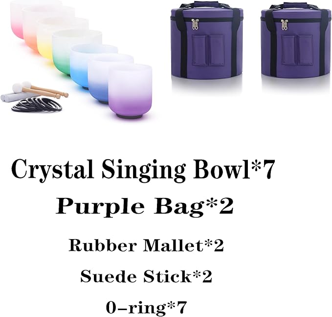 KVKA 432Hz 6-12" Set of 7 pcs Aria Colored Quartz Crystal Singing Bowl Sound Healing Tuned Bell with Carrying Case