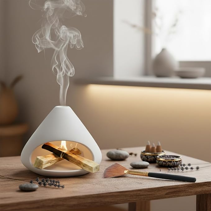 Palo Santo Holder Incense Burner,Sage Sticks Incense Holder,Zongzi Clay Smudge Bowl with Chimney,Mini Cone Ceramic Fireplace for Cedar,Yoga,Sleep,Home Decor,Anxiety Relief Meditation for Women (White) DIDIBIRD