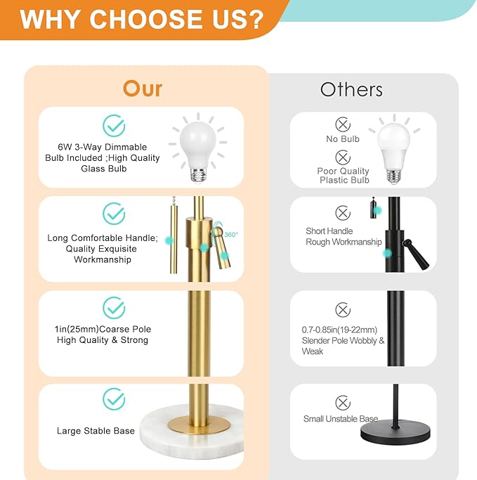 【Upgrade】 Gold Floor Lamps for Living Room, 55"-67" Height Adjustable Modern Standing Lamp with Marble Base, Pull Chain Switch, 3-Way Dimmable Tall Pole Lamp for Bedroom Office Reading, Bulb Included - Bloomnest