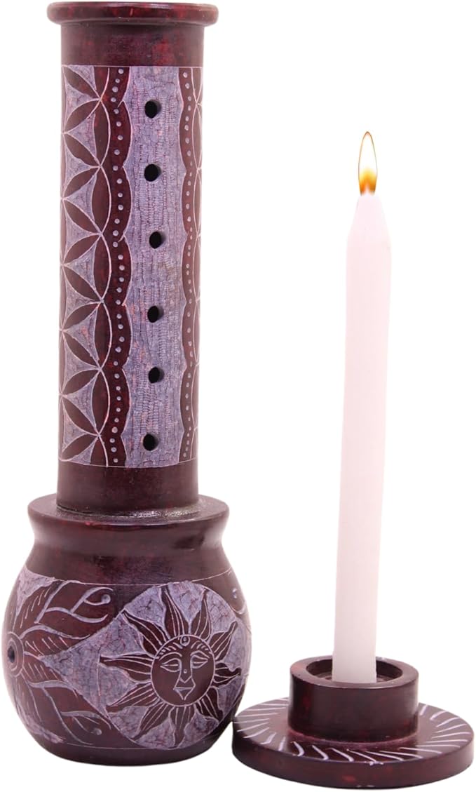 Marble Handmade Soapstone Red Incense Stick Holder | Candle Burner | Tea Light Holder - Round Jaali Carving for Gifting. Decorative Home and Office Decor - (2.5 x 2.5 x 10 Inches)