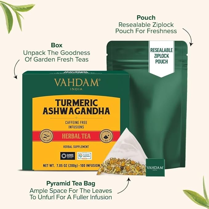 VAHDAM, Turmeric Ashwagandha Herbal Tea Bags (100 Count) Caffeine Free, Non GMO, Gluten Free | 100% Pure Herbal Blend - Sweet & Earthy | Whole Leaf Tea Bags | Resealable Ziplock Pouch - Bloomnest