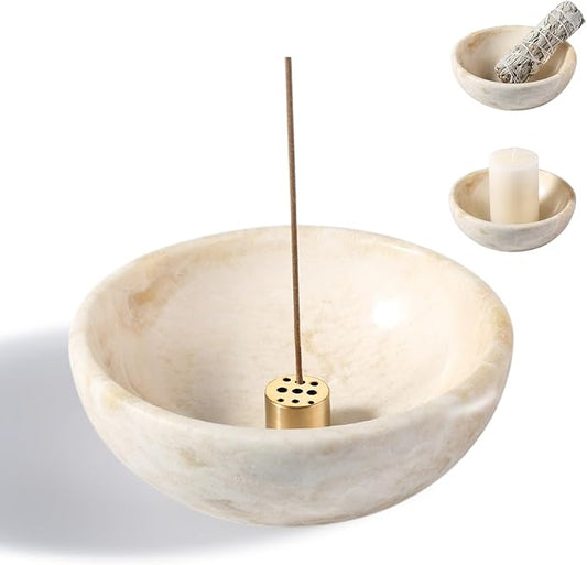 Koville Natural Marble Incense Holder, Incense Holder for Sticks with 9 Holes, Handmade Incense Burner Ash Catcher for Meditation Yoga SPA, Suit for Palo Santo/Sage/Cone(Ivory)
