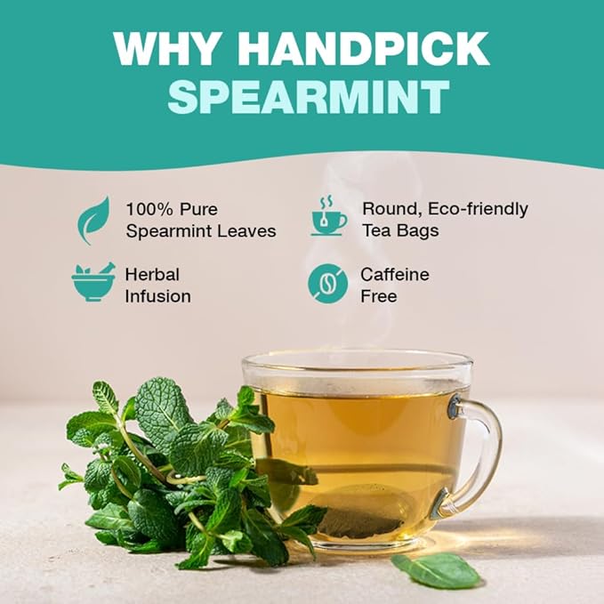 HANDPICK, Spearmint Tea Bags for PCOS relief (100 Herbal Tea Bags) |Refreshing Mint Tea | Non-GMO | Round Eco-Conscious Teabags - Bloomnest