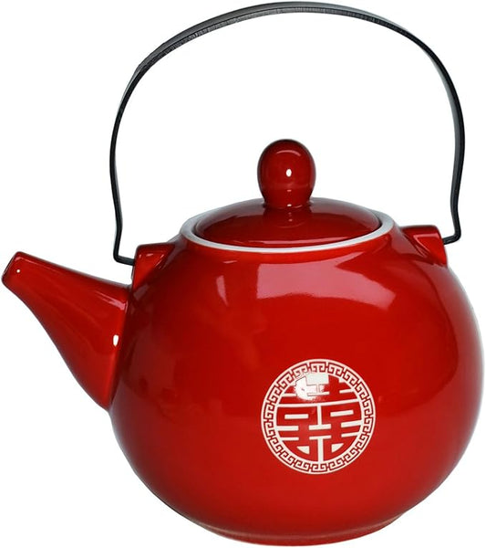 Chinese Teapot 28oz Porcelain Tea Pot Red Glazing with Detachable iron handle for Adults Men Women Tea Ceremony Wedding Party Home Decor (Double happiness Teapot)