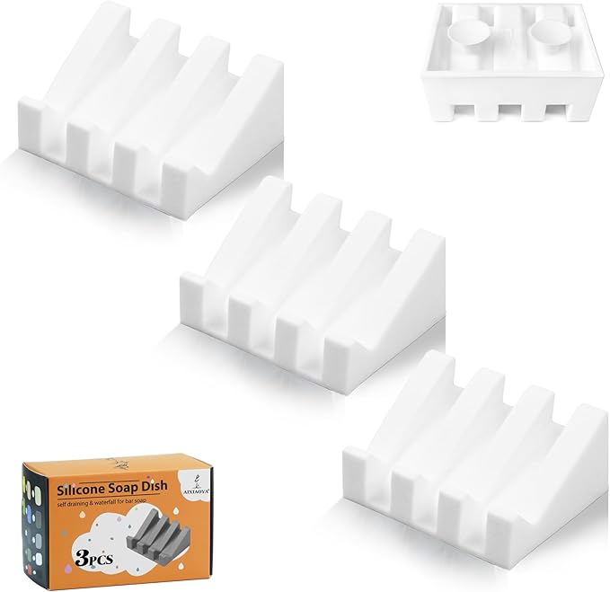 Silicone Soap Dish with Drain, Upgrade Double Suction Cups at The Bottom for Anti-Slip and Stability, Soap Dish Shower Waterfall Bar Soap Holder Tray with Drain Soap Holder (3, White) - Bloomnest