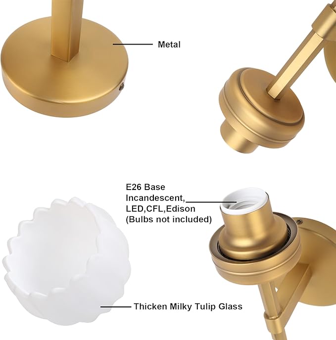 Yosoan Brass Boho Indoor Vintage Wall Sconce Set of 2, Modern Vanity Gold Industrial Hardwired Wall Mounted with Milk Transparent Tulip Flower Shade for Living Room Bedroom Kitchen Hallway(Antique) - Bloomnest