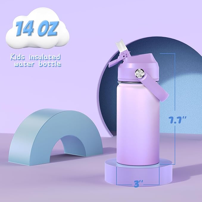 14oz Kids Insulated Water Bottle with Straw Lid - 18/8 Stainless Steel Kid Cup Travel Tumbler Double Wall Vacuum Leak Proof Portable Toddler Water Bottle (Pink+Purple） - Bloomnest