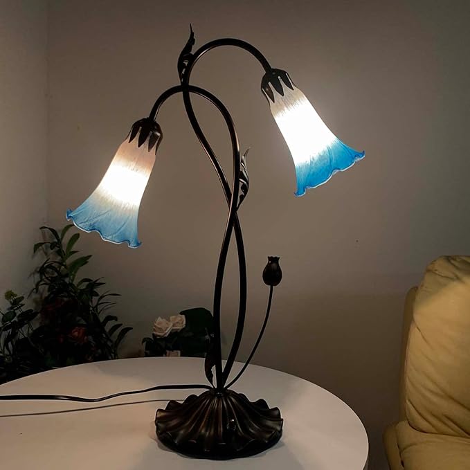 Bieye L10853 Lily Flower Blown Glass Accent Table Lamp for Living Room Bedroom Decoration (2-Light, Blue) - Bloomnest