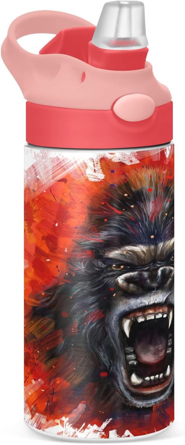 King Kong Furious Kids Insulated Water Bottle, Toddlers Tumbler Travel Cup with Straw & Handle Stainless Steel Cup for Travel School Girls 12 oz - Bloomnest