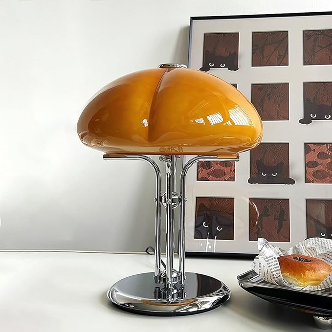 Mushroom Table Lamp with Caramel Lampshade,Art Deco Glass Desk Light with Chrome Base,Dimmable Small Nightstand Lamp,Mid Century Table Light for Living Room Bedroom - Bloomnest