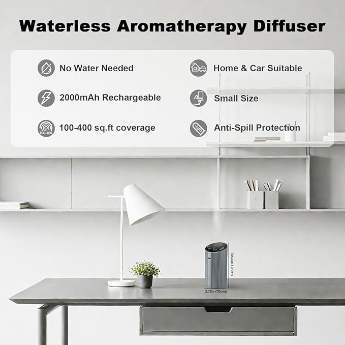 Waterless Essential Oil Diffuser for Home Car Office, Scent Diffuser with 4 Timer (1/3/6H & Off) & 3 Mist(L/M/H), Rechargeable Aromatherapy Diffuser, Portable Mini Air Aroma Diffuser, Silver Grey - Bloomnest