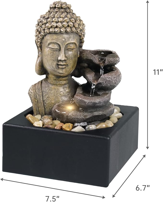 Ferrisland Tabletop Waterfall Fountain Indoor - Buddha Water Fountains 4-Tier Tabletop Waterfall of Zen Meditation Buddha Fountain with LED Warm Light for Office Home and Bedroom Desktop Decor - Bloomnest
