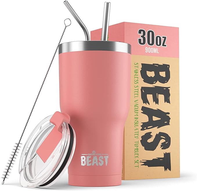 Beast 30 oz Tumbler Stainless Steel Vacuum Insulated Coffee Ice Cup Double Wall Travel Flask (Blossom Pink) - Bloomnest
