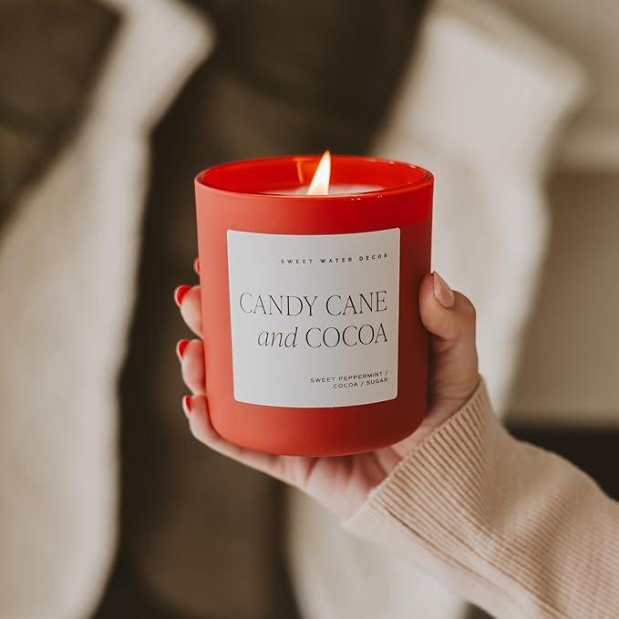 Sweet Water Decor Candy Cane and Cocoa Christmas Scented Candles - Christmas Stocking Stuffers Soy Candles Vanilla Scent - Christmas Candles with 70 Hours Burn Time - 15Oz Red Matte Jar Wax Candles - Bloomnest