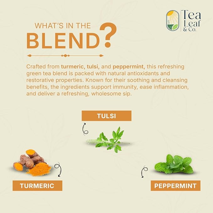 Tealeaf & Co. Turmeric Tulsi Holy Basil Green Tea - Turmeric, Tulsi & Peppermint Tea Blended with Fresh Herbs & Spices - Low Caffeine & Vegan - 100 Teabags (7.055oz/200gm) - Bloomnest