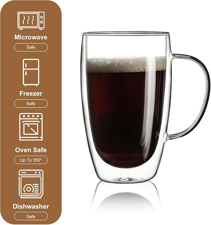 Aurzen 2 Pack Double Walled Glass Coffee Mugs with Handles, Large Insulated Layer Coffee Cups, 15oz Clear Borosilicate Mugs, Perfect for Cappuccino, Tea, Microwave Safe - Bloomnest