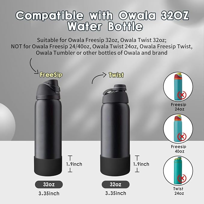 2PCS Silicone Water Bottle Boot, Compatible with Owala 24oz 32oz 40oz, Protective Anti-Scratch & Anti-Dent No Noise Sleeve Cover for FreeSip/Twist/Flip Water Bottles (Very Very Dark, 32oz) BKBY