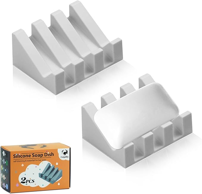 Self Draining Soap Dish Holder,Silicone Soap Dish,for Bathroom,Kitchen, Sponges，Can Extend Soap Life，Keep Soap Bars Dry and Easy Cleaning (Light Grey,2-Pack) - Bloomnest