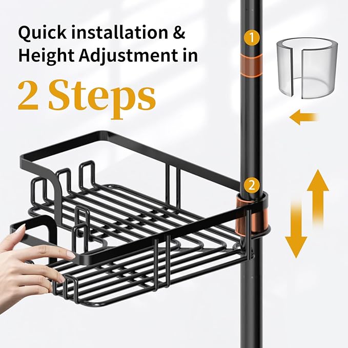 KEGII Adjustable Shower Caddy Corner Tension Pole, Rustproof Shower Rod Organizer with Hooks, Floor to Ceiling Tension Rod 25-114.2 Inch, Bathtub Storage Organizer for Shampoo, 4-Tier Black - Bloomnest