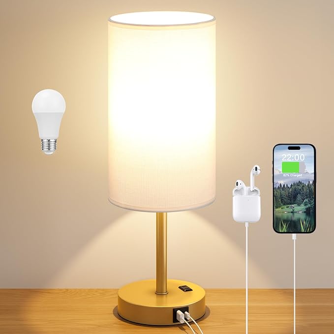 Touch Bedside Table Lamp with USB - 3 Way Dimmable Gold Lamp for Bedroom Nightstand, Desk Lamp with Charging Station for Dorm, Office, Kids Room, Living Room - Bloomnest