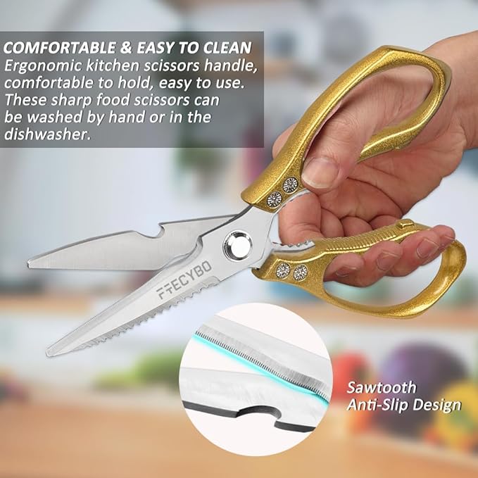 Kitchen Scissors, 2-Pack Multipurpose Kitchen Shears with Comfort Grip, Stainless Steel Cooking Scissors for Cutting Chicken, Meat, Food, Fish, Bread (Golden) - Bloomnest