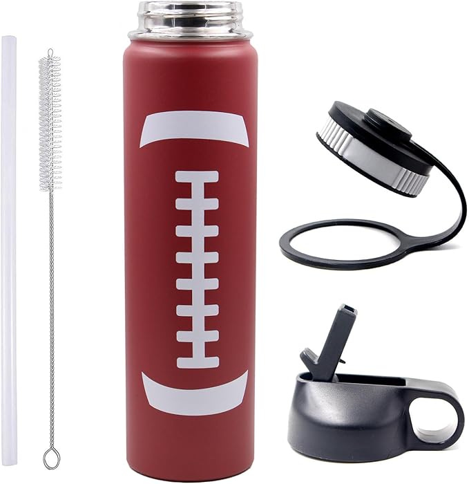 25 oz Football Water Bottle with Straw, Sports Flask Metal Travel Tumbler with 2 Lids, Stainless Steel Double Wall Vacuum Insulated Leak Proof Thermo Water Bottles, Football Gear Gifts for Boys Girls - Bloomnest