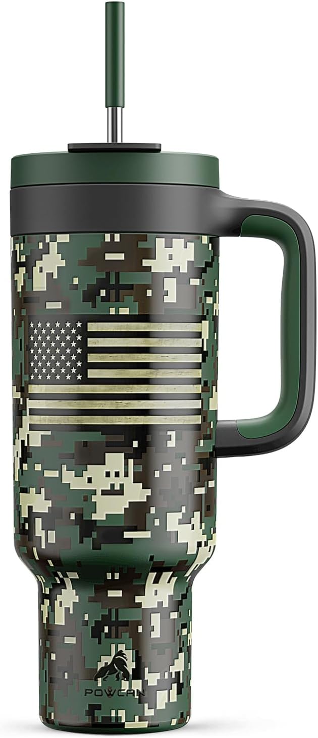 50 oz Camo Tumbler with Handle, 2-in-1 Straw and Sip Lid, Leakproof, Dishwasher Safe, Insulated Stainless Steel Travel Coffee Mug, Keeps Cold for 34 Hours, Fits in Car Cupholder (Woodland Flag) - Bloomnest