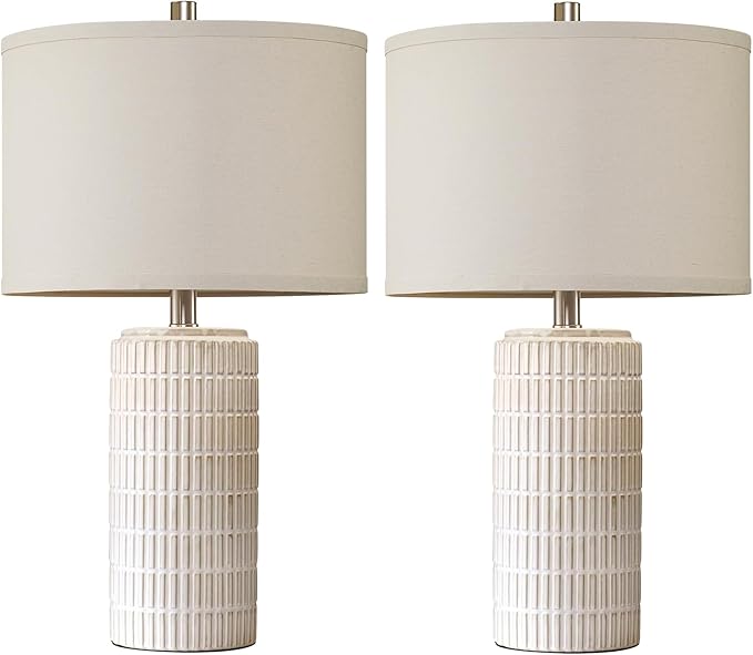 23'' Set of 2 Modern Ceramic Table Lamps for Living Room Bedroom, Nightstand Farmhouse Beige White Desk Lamp for Bedside End Table Entryway, 2 LED Bulbs Included - Bloomnest