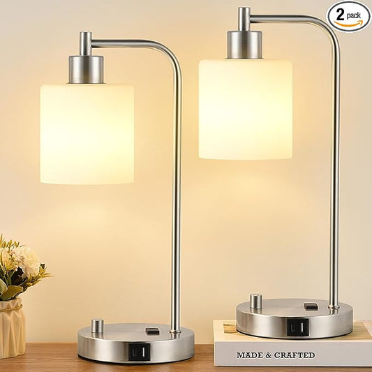 Lynnoland Set of 2 Industrial Table Lamps with USB C+A Ports and Outlet, Brushed Nickle Fully Stepless Dimmable Bedside Lamps, Nightstand Lamp with Opal Glass Shade for Reading Office (2 LED Bulb) - Bloomnest