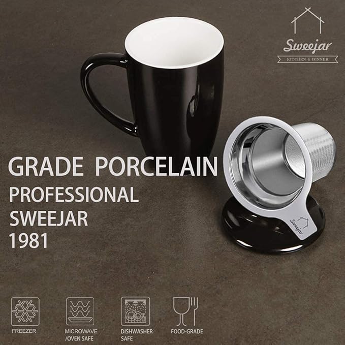Sweejar Porcelain Tea Infuser Cup with Lid, 16 oz Tea Cup with Strainers for Loose Leaf Tea, Microwave and Dishwasher Safe Coffee Mug, Tea Steeping Mug for Tea Drinkers,Christmas Gift (Black) - Bloomnest