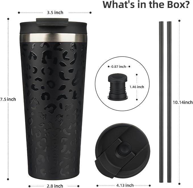 BJPKPK 22oz Insulated Tumbler With lid And Straw Stainless Steel Tumblers Travel Coffee Mug Reusable Thermal Cup,Black Leopard - Bloomnest