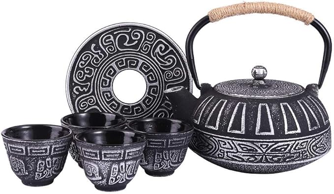 Cast Iron Teapot Set Japanese Style Tea Kettle with Infuser, Enameled Interior Cast Iron Tea Pot with 4 Teacup for Stove Top, Handmade Gift for Friend (28 Ounce, Black) - Bloomnest
