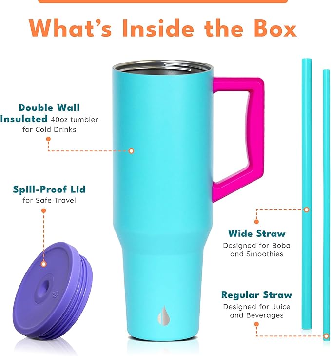 Elemental 40 oz Tumbler with Handle and Straw - Spill Proof Insulated Stainless Steel Commuter for Hot and Cold Beverages - Travel Coffee Mug with 2 Straws & Spill Proof Lid - 40oz - Blue Tie Dye - Bloomnest