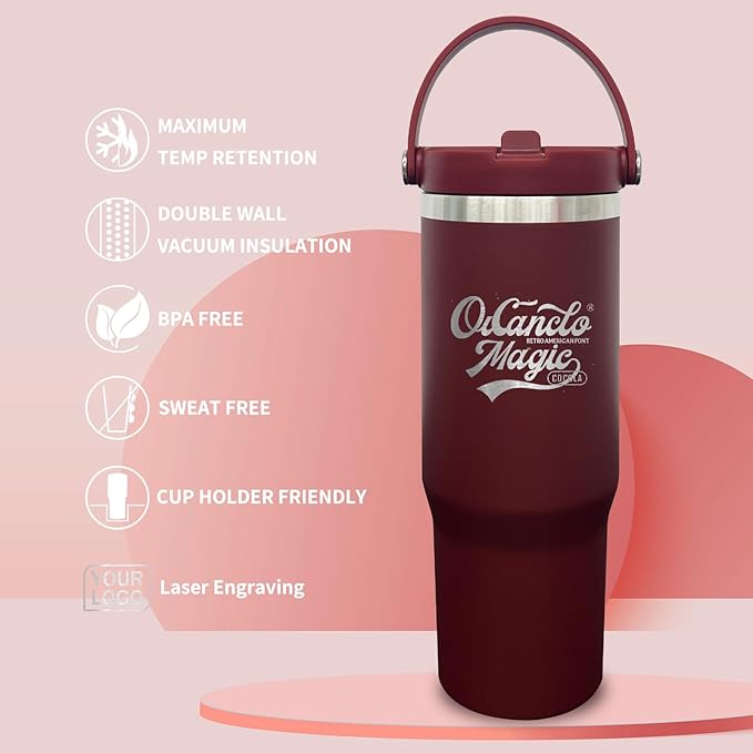 30 oz Tumbler with Handle, Double Wall Vacuum Insulated Tumblers with Flip Straw, Coffee Mug 30oz Powder Coated Cup for Hot and Cold Drinks(Red,4 pack)