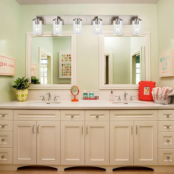 BONLICHT Modern Bathroom Vanity Light Fixtures Brushed Nickel Finished 6-Light with Seeded Glass Bathroom Lighting Industrial Sconces Wall Mount Lamp for Living Room Dining Room Kitchen Entryway - Bloomnest