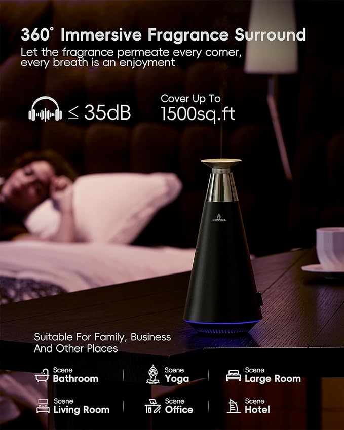 Waterless Scent Diffuser Starter Kit - 1500 Sq Ft Coverage, Alloy Atomization System,Mood Light,Smart Rechargeable Hotel Scent Diffuser, Including 120ml Essential Oil, for Home,Large Room,Spa,Black - Bloomnest