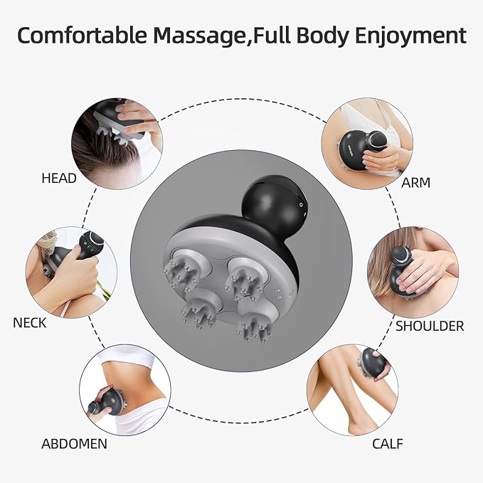 cotsoco Electric Scalp Head & Back Massager, Cordless Hair Massage Waterproof Head Massager with 4 Heads 84 Nodes for Hair Growth, Stress Relief & Deep Clean, Gifts for Men Women, Black cotsoco