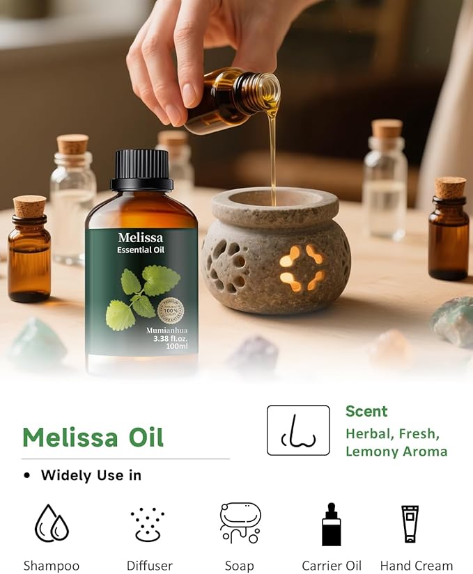 Melissa Essential Oil Pure, Mumianhua Natural Therapeutic Melissa Oil for Skin, Body, Hair Care, Diffuser, Aromatherapy,Candle, Soap, Making, DIY, Massage, Sauna 3.38 Fl Oz - Bloomnest
