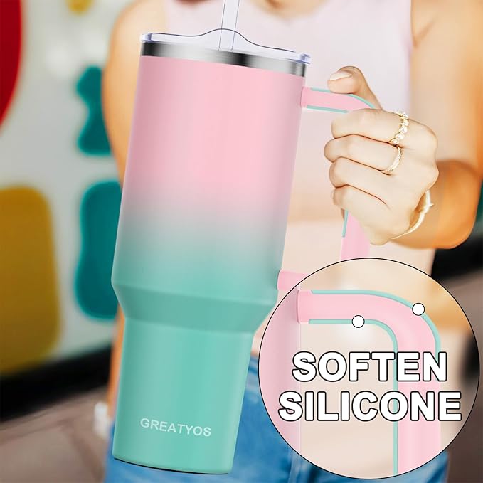 Stainless Steel 40 oz Tumbler with Handle, Insulated Travel Mug, Leak-Proof Lid, Vacuum Cup for Men & Women - Bubble Gum - Bloomnest